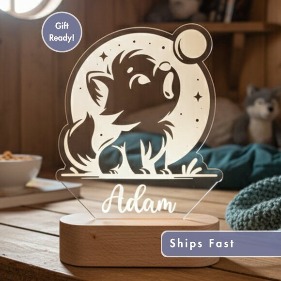 Personalized Wolf Night Light – Custom LED Baby Wolf Shower Gift - Picture 1 of 8